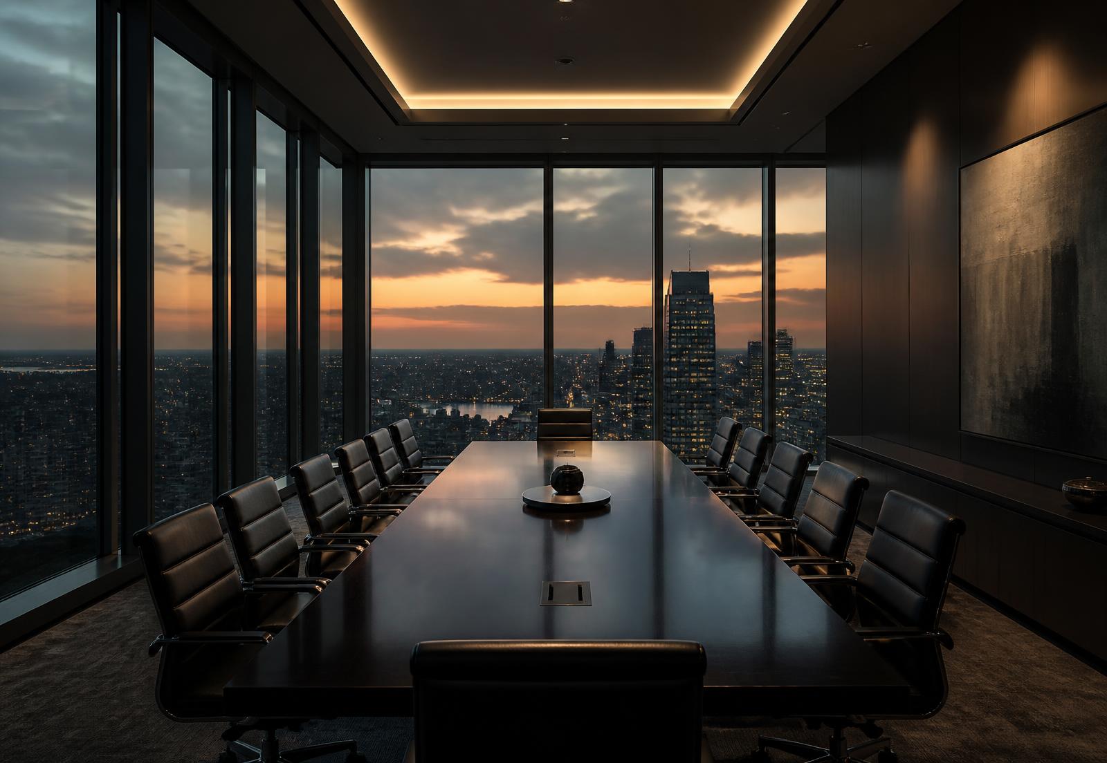Executive boardroom overlooking a city at dusk