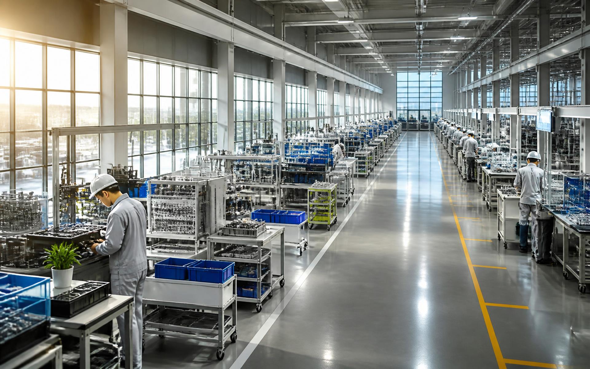 Bright, orderly modern manufacturing plant floor with workers at assembly stations